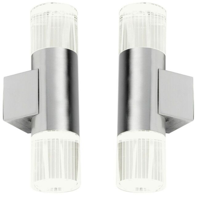 Loops 2 PACK IP44 Accent LED Light Steel Double Glass Up Down Wall Lamp Porch Garden in Metallics - image 1