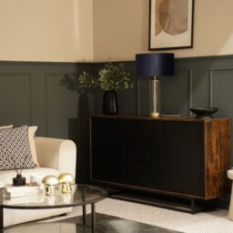 ValueLights Balan Glass & Matt Gold Table Lamp with Velvet Drum Lamp Shade & LED Bulb in Black