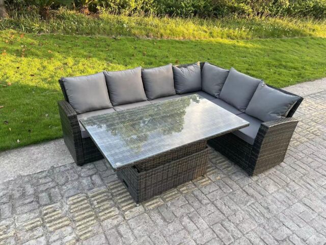 Fimous PE Rattan Corner Garden Furniture High Back Sofa Set Adjustable Rising Table 6 Seater in Dark Grey - image 1