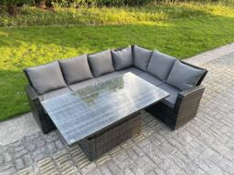 Fimous PE Rattan Corner Garden Furniture High Back Sofa Set Adjustable Rising Table 6 Seater in Dark Grey - thumbnail 2