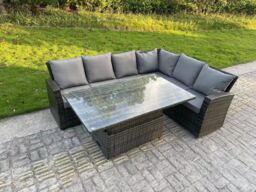 Fimous PE Rattan Corner Garden Furniture High Back Sofa Set Adjustable Rising Table 6 Seater in Dark Grey - thumbnail 1