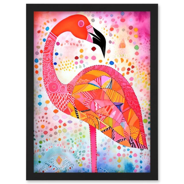 Artery8 Flamingo Folk Art Watercolour Painting Artwork Framed Wall Art Print A4 in Black - image 1