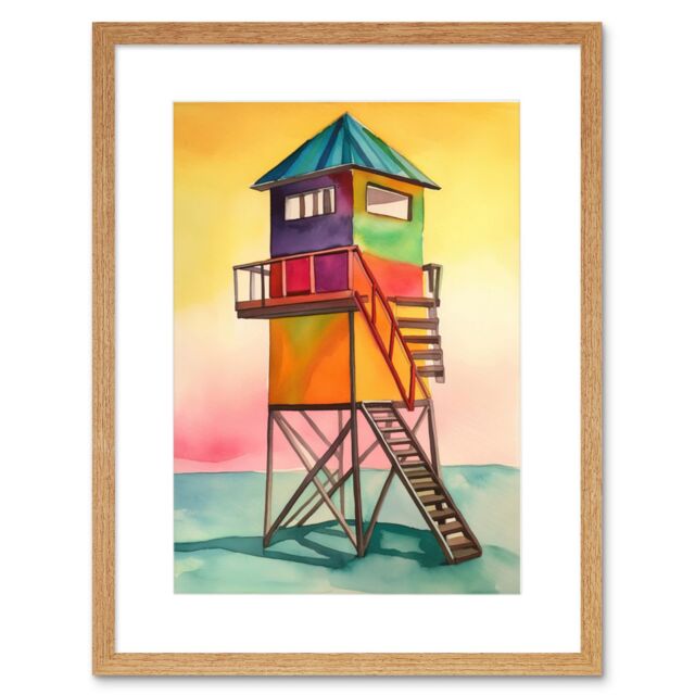 "Artery8 Wall Art Print Rainbow Lifeguard Tower Folk Art Watercolour Painting Artwork Framed 9X7 Inch in Beige - Size: W7"" x H9""" - image 1