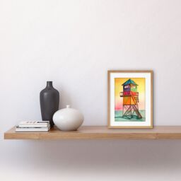 "Artery8 Wall Art Print Rainbow Lifeguard Tower Folk Art Watercolour Painting Artwork Framed 9X7 Inch in Beige - Size: W7"" x H9""" - thumbnail 2