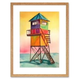 "Artery8 Wall Art Print Rainbow Lifeguard Tower Folk Art Watercolour Painting Artwork Framed 9X7 Inch in Beige - Size: W7"" x H9""" - thumbnail 1