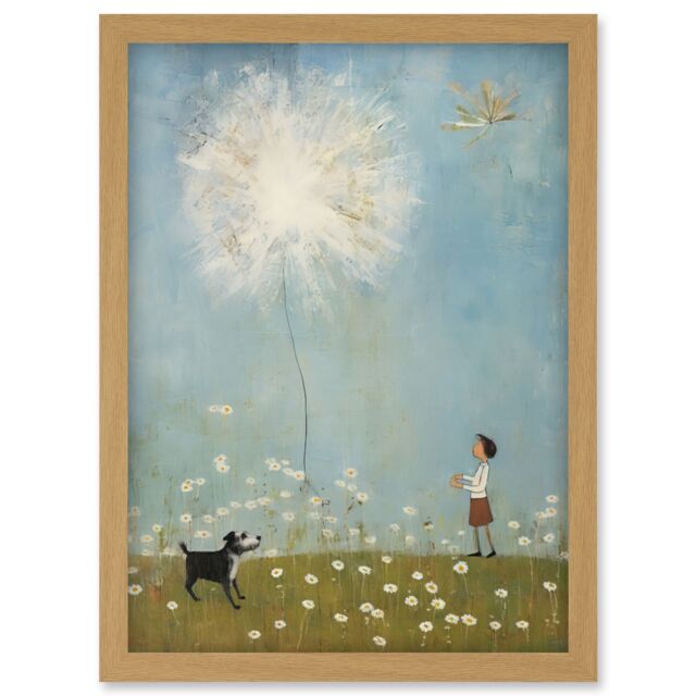 Artery8 Wall Art Print Chasing the Giant Dandelion Dream Artwork Giant Wish Oil Painting Kids Bedroom Child & Pet Dog in Daisy Field Artwork Framed - image 1