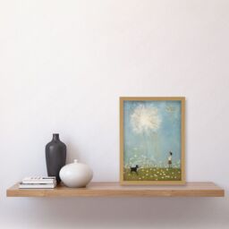Artery8 Wall Art Print Chasing the Giant Dandelion Dream Artwork Giant Wish Oil Painting Kids Bedroom Child & Pet Dog in Daisy Field Artwork Framed - thumbnail 2
