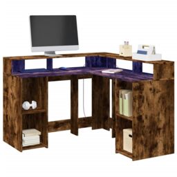 Berkfield Home Desk with LED Lights Smoked Oak 130x130x91 cm Engineered Wood in Brown - Size: 130 x 130 x 91 cm - thumbnail 1