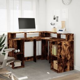 Berkfield Home Desk with LED Lights Smoked Oak 130x130x91 cm Engineered Wood in Brown - Size: 130 x 130 x 91 cm - thumbnail 4