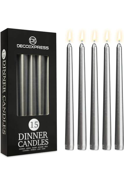 Deco Express Candles Set Classic Dripless Tapered Metallic Unscented 8 Hours Décor in Silver - Size: 15 Pack - image 1