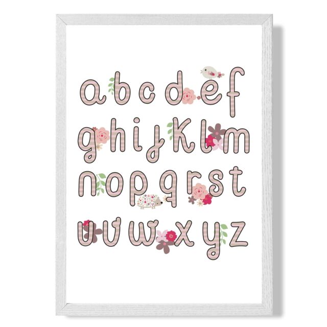 ARTZE Cute Alphabet with Pink Flowers Framed Print SIZE: A2 with White Frame - Size: A4 - image 1
