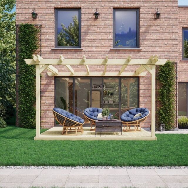 Rutland County Garden Furniture Ltd Wall Mounted Double Garden Pergola & Decking Kit, W480cm, Brown in Green - image 1