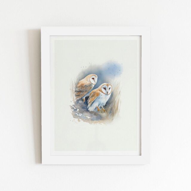 "Warren Reed - Designer Barn Ano Owls Watercolour Framed Art Print in White - Size: W8"" x H10""" - image 1