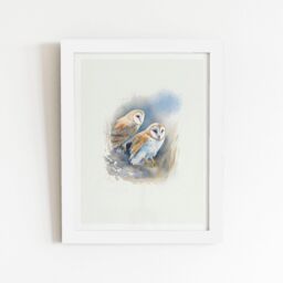 "Warren Reed - Designer Barn Ano Owls Watercolour Framed Art Print in White - Size: W8"" x H10""" - thumbnail 1