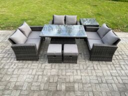 Fimous 7 pieces Outdoor Lounge Sofa Set Wicker PE Rattan Garden Furniture Set with Rising Lifting Table Double Seat Sofa Side Table in Dark Grey - thumbnail 1