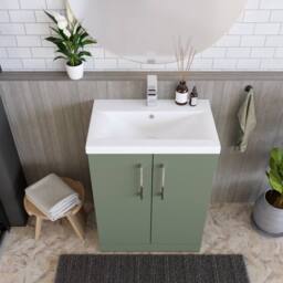 Balterley Contemporary Bathroom Floor Standing 2 Soft-Close Door Vanity Unit & Mid-Edge Basin, Satin Green, 600 mm in Green - thumbnail 3