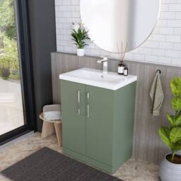 Balterley Contemporary Bathroom Floor Standing 2 Soft-Close Door Vanity Unit & Mid-Edge Basin, Satin Green, 600 mm in Green - thumbnail 4
