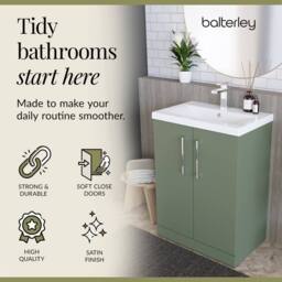 Balterley Contemporary Bathroom Floor Standing 2 Soft-Close Door Vanity Unit & Mid-Edge Basin, Satin Green, 600 mm in Green - thumbnail 7