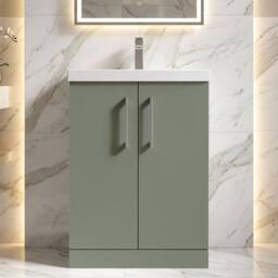 Balterley Contemporary Bathroom Floor Standing 2 Soft-Close Door Vanity Unit & Mid-Edge Basin, Satin Green, 600 mm in Green - thumbnail 9