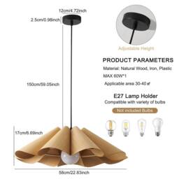 NIVOR 1 Light Farmhouse Boho Wooden Chandelier E27 Adjustable Pendant Light in Brown - thumbnail 2