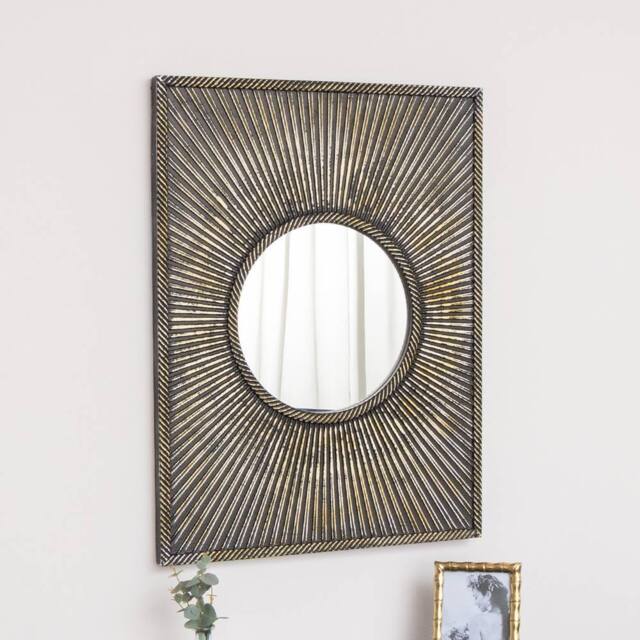Melody Maison Distressed Black Rectangular Wooden Sunburst Wall Mirror - 60cm X 80cm - Size: 60 cm X 80 cm - image 1