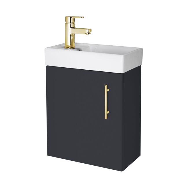 Balterley Wall Hung Vanity Basin 400mm Satin Soft Black & Brushed Brass Handle in Grey - image 1