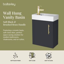 Balterley Wall Hung Vanity Basin 400mm Satin Soft Black & Brushed Brass Handle in Grey - thumbnail 2