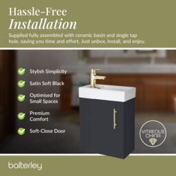 Balterley Wall Hung Vanity Basin 400mm Satin Soft Black & Brushed Brass Handle in Grey - thumbnail 7