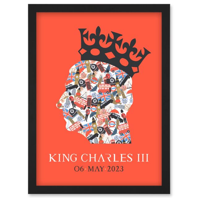 Artery8 King Charles III Coronation Date British Symbol Head Collage with Crown Red Design Artwork Framed Wall Art Print A4 in Black - image 1