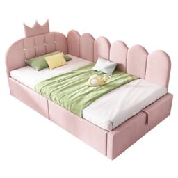Merax Velvet Daybed with Hydraulic Storage - 3FT Single - Crown Headboard in Pink - thumbnail 8