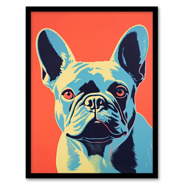 Artery8 French Bulldog Orange & Blue Bold Vibrant Screen Print Risograph Coral Teal Artwork Spot Block Colour Duotone Retro Riso Interior Design Art - image 1