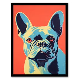 Artery8 French Bulldog Orange & Blue Bold Vibrant Screen Print Risograph Coral Teal Artwork Spot Block Colour Duotone Retro Riso Interior Design Art - thumbnail 1
