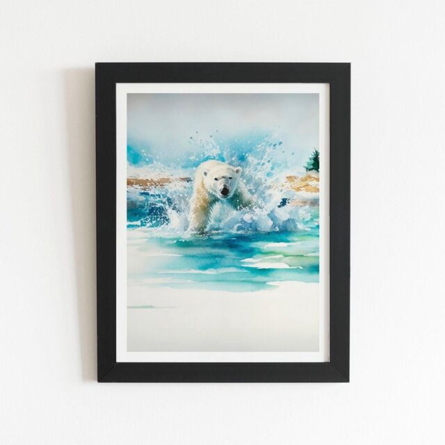 "Warren Reed - Designer Hunting Polar Bear Watercolour Framed Art Print in Black - Size: W12"" x H16""" - image 1