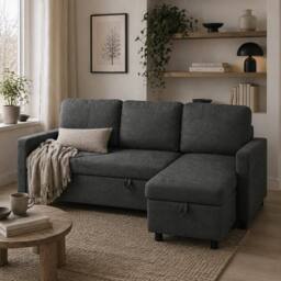 Wyld Haus Sesune Yoli Charcoal Grey Pull Out Corner Sofa Bed Storage & Side