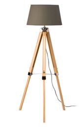Orsina Tripod Grey Fabric Shade Floor Lamp, Pale Wood Scandinavian Style Light, Chrome Detailing Accent Lamp in Natural
