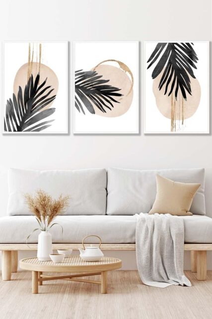 ARTZE Set of 3 White Framed Abstract Watercolour Black Palm Leaves Wall Art - Size: W33 cm x H45 cm x D20mm - image 1