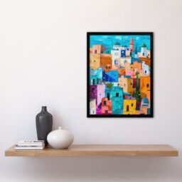 "Artery8 Quirky Morocco Cityscape Oil Painting Colourful Framed Art Print in Blue - Size: W12"" x H16""" - thumbnail 4