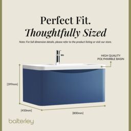 Balterley Wall Hung 1 Drawer Bathroom Vanity Unit & Basin, Satin Blue, 755mm in Blue - thumbnail 5