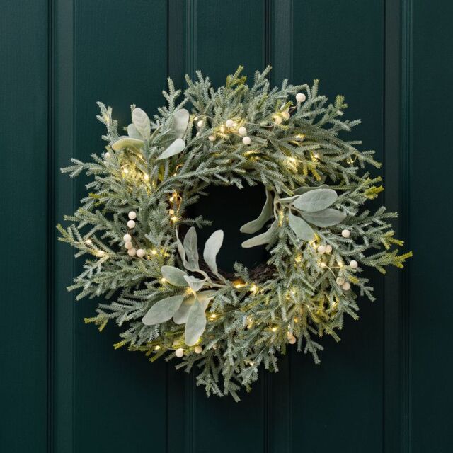 Scottish Everlastings Ltd 45cm Pre-lit Frosted Wreath with Lambs Ear in Green - image 1