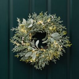 Scottish Everlastings Ltd 45cm Pre-lit Frosted Wreath with Lambs Ear in Green - thumbnail 1