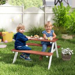 OUTSUNNY Kids Picnic Table, Wooden Table & Bench Set for 3-8 Years, Brown - thumbnail 1