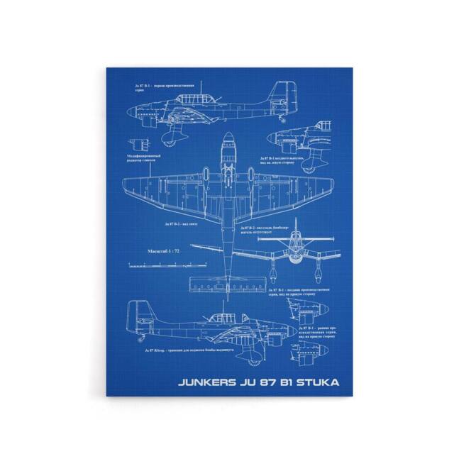 "Artery8 Junkers Ju 87 B1 Stuka Aircraft Blueprint Canvas Wall Art Print in Blue - Size: W18"" x H24""" - image 1