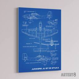"Artery8 Junkers Ju 87 B1 Stuka Aircraft Blueprint Canvas Wall Art Print in Blue - Size: W18"" x H24""" - thumbnail 2