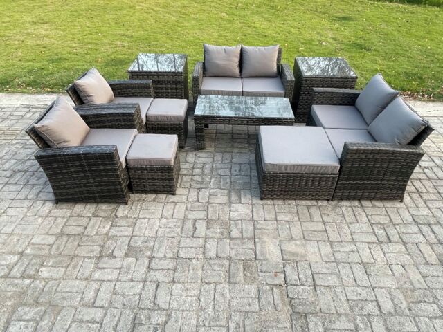Fimous 9 Seater Dark Grey Mixed High Back Rattan Sofa Set Coffee Table Garden Furniture Outdoor Patio With Love Sofa Arm Chairs Footstools Side Tables