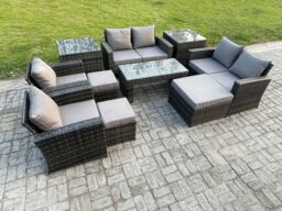 Fimous 9 Seater Dark Grey Mixed High Back Rattan Sofa Set Coffee Table Garden Furniture Outdoor Patio With Love Sofa Arm Chairs Footstools Side Tables - thumbnail 2