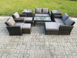 Fimous 9 Seater Dark Grey Mixed High Back Rattan Sofa Set Coffee Table Garden Furniture Outdoor Patio With Love Sofa Arm Chairs Footstools Side Tables - thumbnail 1