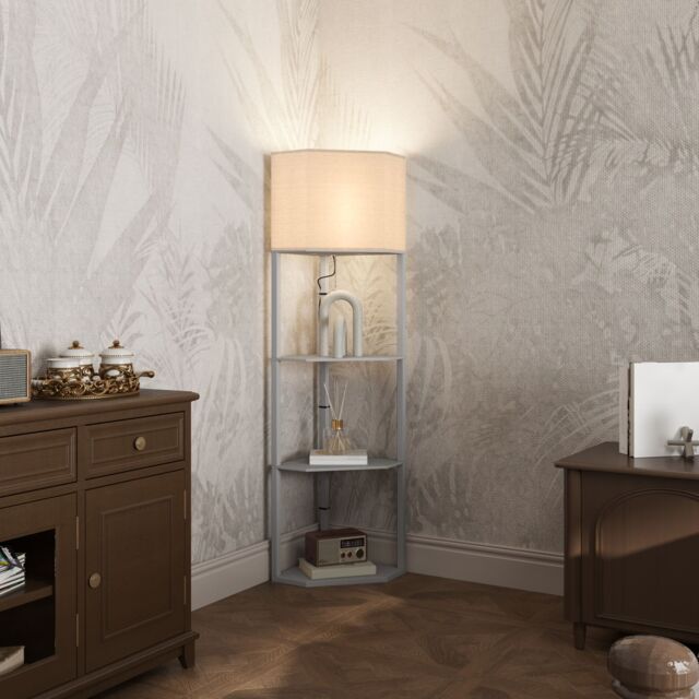 HOMCOM Corner Modern Floor Lamp with Shelves for Living Room, Bedroom in Light Grey - image 1