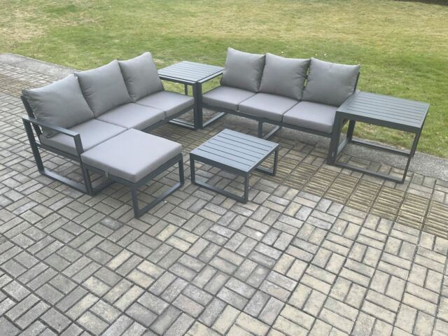 Fimous Aluminium 6 Pieces Garden Furniture Sofa Set with Cushions 7 Seater Outdoor Patio Set with Square Coffee Table Big Footstool in Dark Grey - image 1
