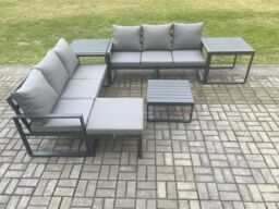 Fimous Aluminium 6 Pieces Garden Furniture Sofa Set with Cushions 7 Seater Outdoor Patio Set with Square Coffee Table Big Footstool in Dark Grey - thumbnail 2