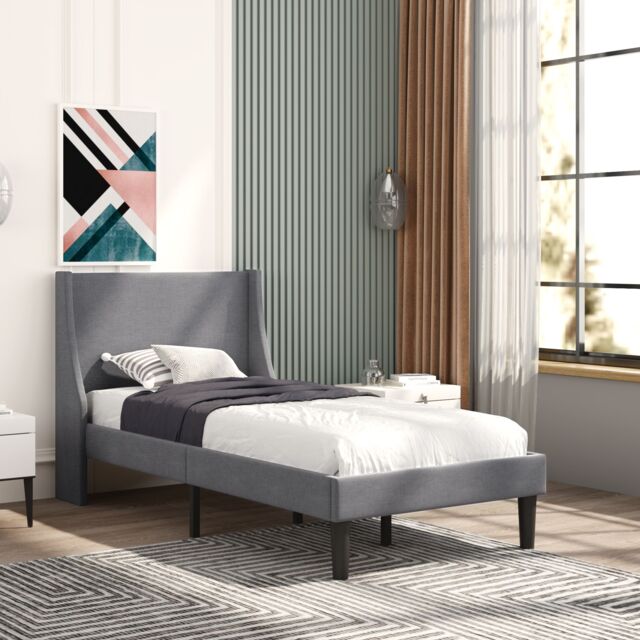 Matteo Single Grey Linen 3FT Winged Headboard Upholstered Bed Frame - image 1